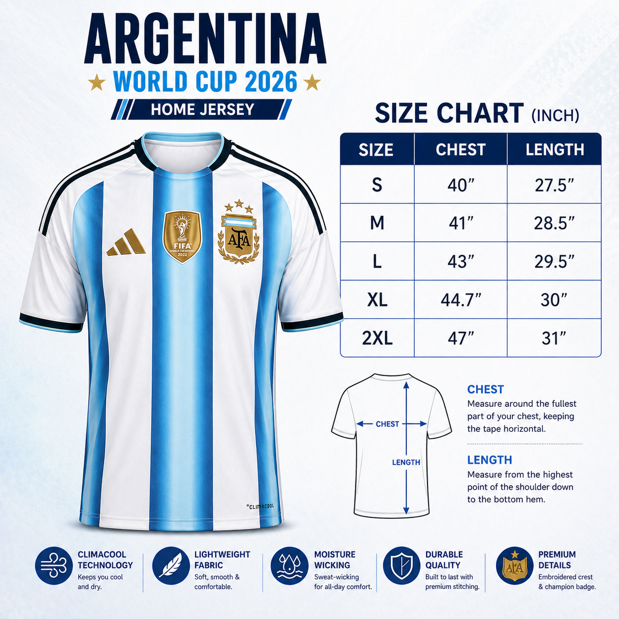 Men's Argentina Football World Cup 2026 CLIMACOOL Home Jersey – Breathable Premium Argentina Football Official Jersey_img_13