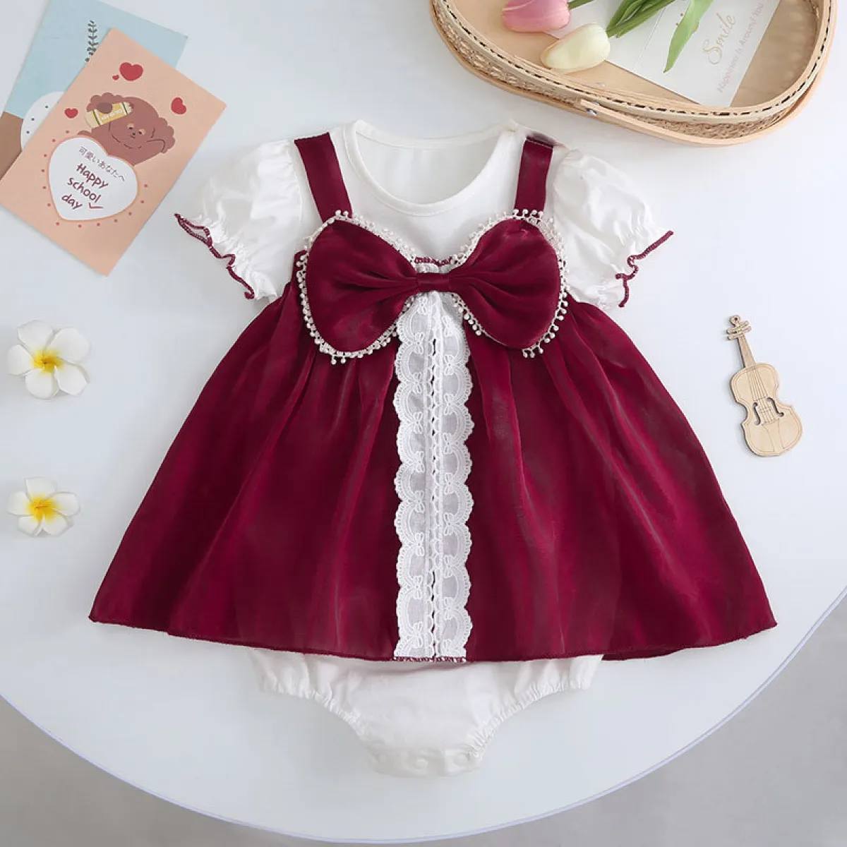 Baby Girl Elegant Lace Red Wine Bow Party Romper Dress (0 to 2 years)