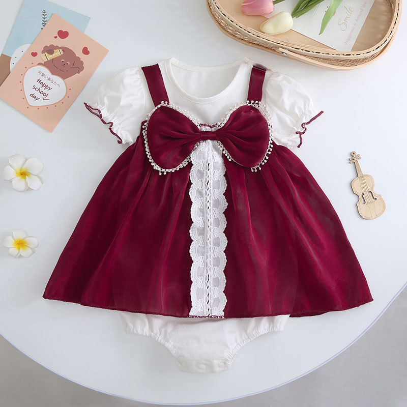 Baby Girl Elegant Lace Red Wine Bow Party Romper Dress (0 to 2 years)