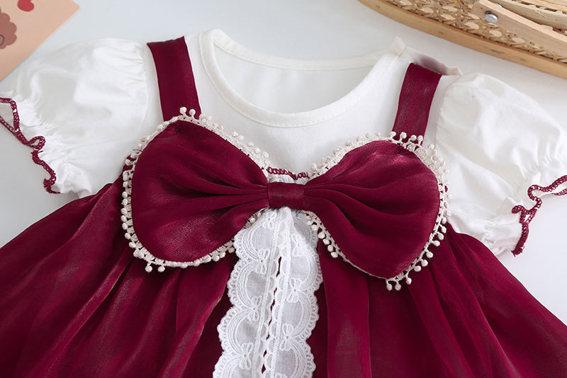 Baby Girl Elegant Lace Red Wine Bow Party Romper Dress (0 to 2 years)_img_6