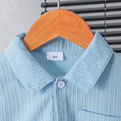 Boys Summer Cotton Blue Shirt & Shorts Set (3 to 8 Years) – Lightweight Textured Kids 2PCS Outfit_img_4
