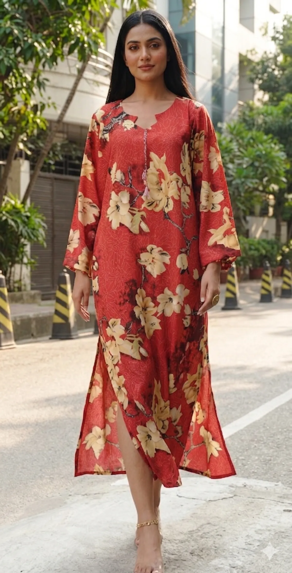 RED PRINTED LONG DRESS