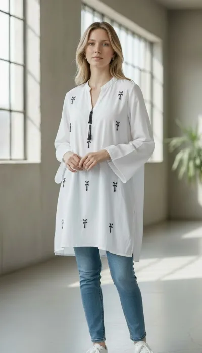 Elegant White Karchupi Tunic Top with Bell Sleeves_img_2