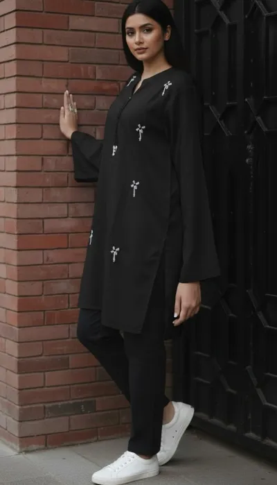 Elegant Black Karchupi Tunic Top with Bell Sleeves_img_0