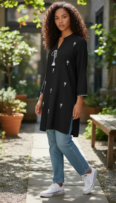 Elegant Black Karchupi Tunic Top with Bell Sleeves_img_2