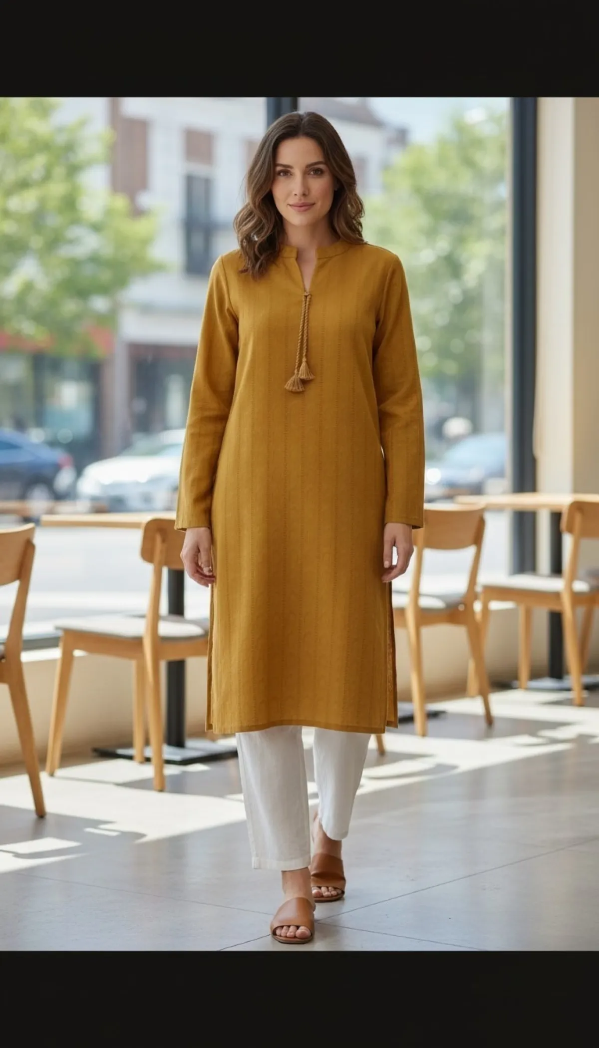 Women’s Solid Mustard Tunic Kurti with Tassel Neck Detail