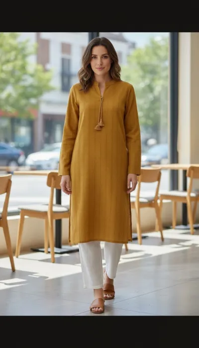 Women’s Solid Mustard Tunic Kurti with Tassel Neck Detail_img_0