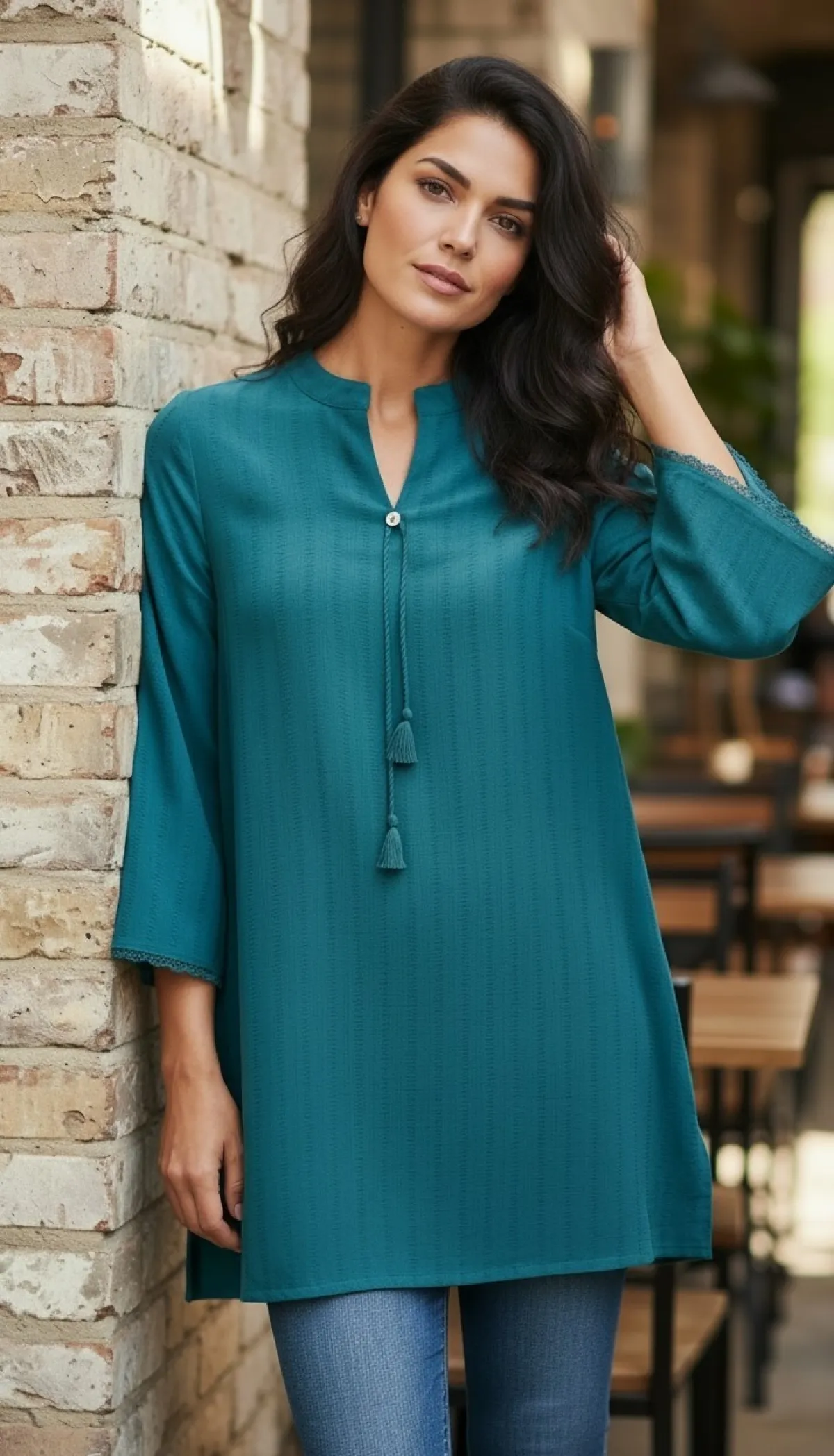 Women’s Solid Blue Tunic Kurti with Tassel Neck Detail