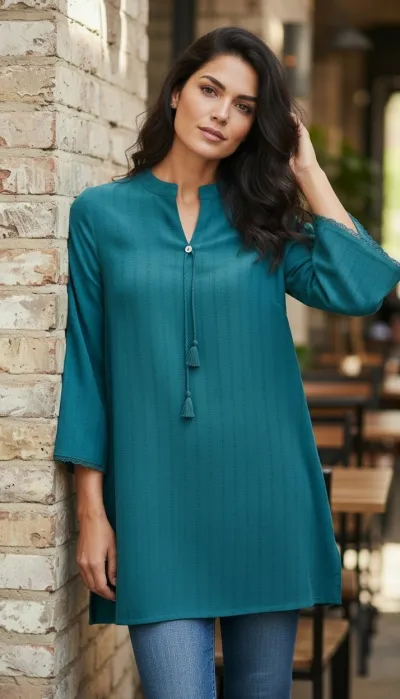 Women’s Solid Blue Tunic Kurti with Tassel Neck Detail_img_0
