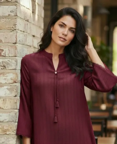 Women’s Solid Meroon Tunic Kurti with Tassel Neck Detail_img_2