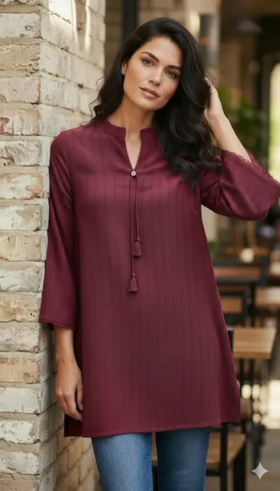Women’s Solid Meroon Tunic Kurti with Tassel Neck Detail_img_0