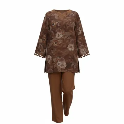 BREAK COLOR  CUT WORK DRESS WITH BELL BOTTOM PANT SET_img_3