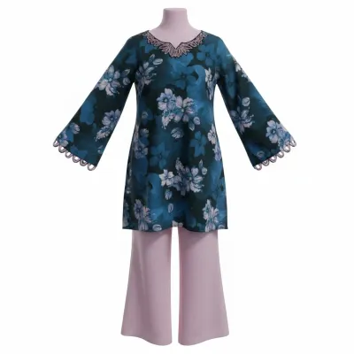 BRICK CUT WORK DRESS WITH BELL BOTTOM PANT SET BLUE_img_1