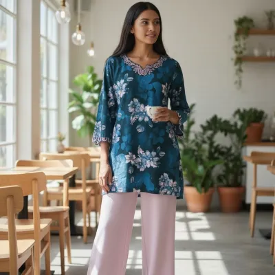 BRICK CUT WORK DRESS WITH BELL BOTTOM PANT SET BLUE_img_0