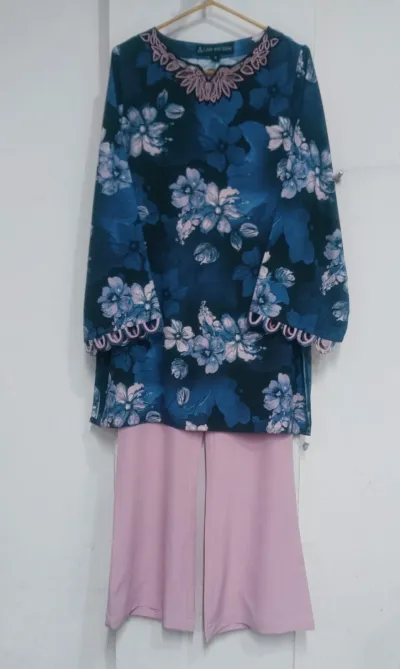 BRICK CUT WORK DRESS WITH BELL BOTTOM PANT SET BLUE_img_2