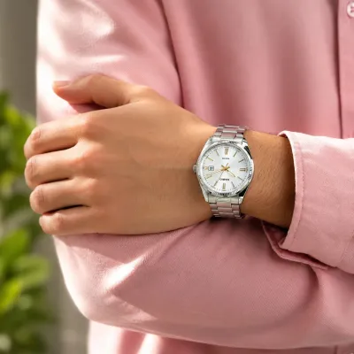 Casio Enticer Date Silver Chain Watch MTP-1302D-7A2VDF(Silver dial, gold markers)_img_4