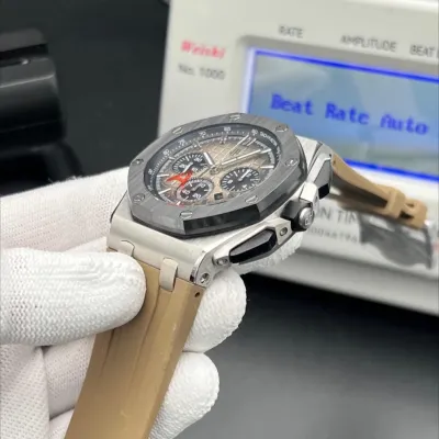 Audemars Piguet Royal Oak Offshore Chronograph (Ref. 2640010.00.A004CA.01) — A masterpiece featuring a black ceramic bezel, sophisticated slate-grey Méga Tapisserie dial, and a premium light brown/taupe rubber strap. Swiss 1:1 Grade craftsmanship(pre-order)_img_1