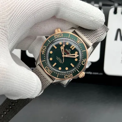 Omega Seamaster Diver 300M – Crafted from Grade 2 Titanium and 9K Bronze Gold, Featuring a Green Aluminum Dial and Matching Bezel with a Mesh Bracelet. Swiss 1:1 Grade (Pre-Order)_img_8