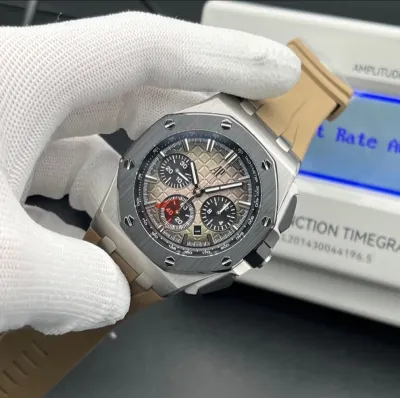 Audemars Piguet Royal Oak Offshore Chronograph (Ref. 2640010.00.A004CA.01) — A masterpiece featuring a black ceramic bezel, sophisticated slate-grey Méga Tapisserie dial, and a premium light brown/taupe rubber strap. Swiss 1:1 Grade craftsmanship(pre-order)_img_0
