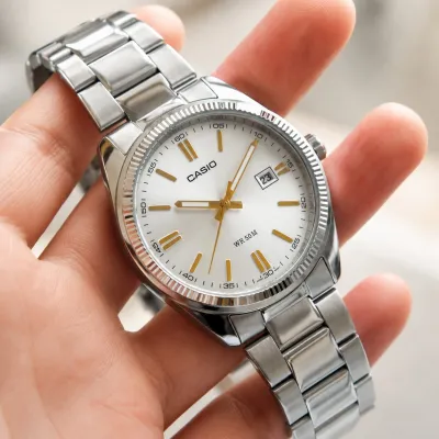Casio Enticer Date Silver Chain Watch MTP-1302D-7A2VDF(Silver dial, gold markers)_img_2