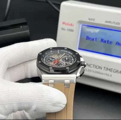 Audemars Piguet Royal Oak Offshore Chronograph (Ref. 2640010.00.A004CA.01) — A masterpiece featuring a black ceramic bezel, sophisticated slate-grey Méga Tapisserie dial, and a premium light brown/taupe rubber strap. Swiss 1:1 Grade craftsmanship(pre-order)_img_2