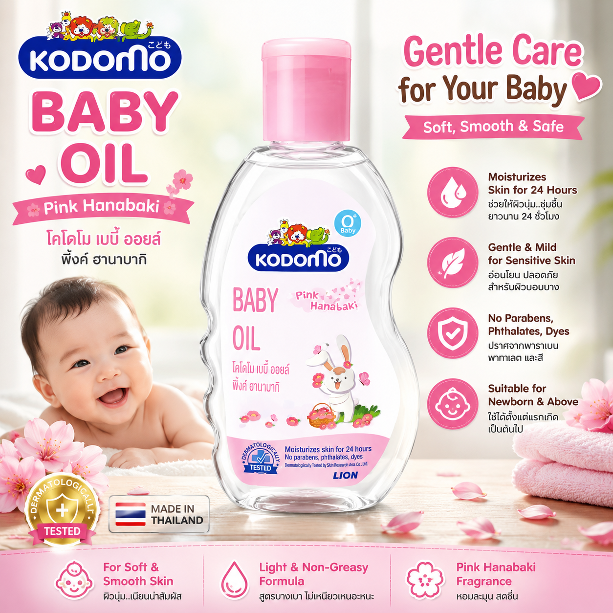 Kodomo Baby Oil Pink Hanabaki – Gentle Moisturizing Baby Oil (0+ Months)