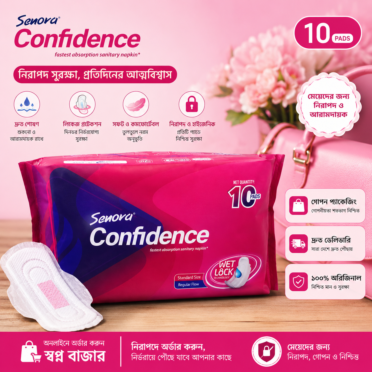 Senora Confidence Sanitary Napkin (10 Pads) – দ্রুত শোষণ, আরামদায়ক ও নির্ভরযোগ্য সুরক্ষা