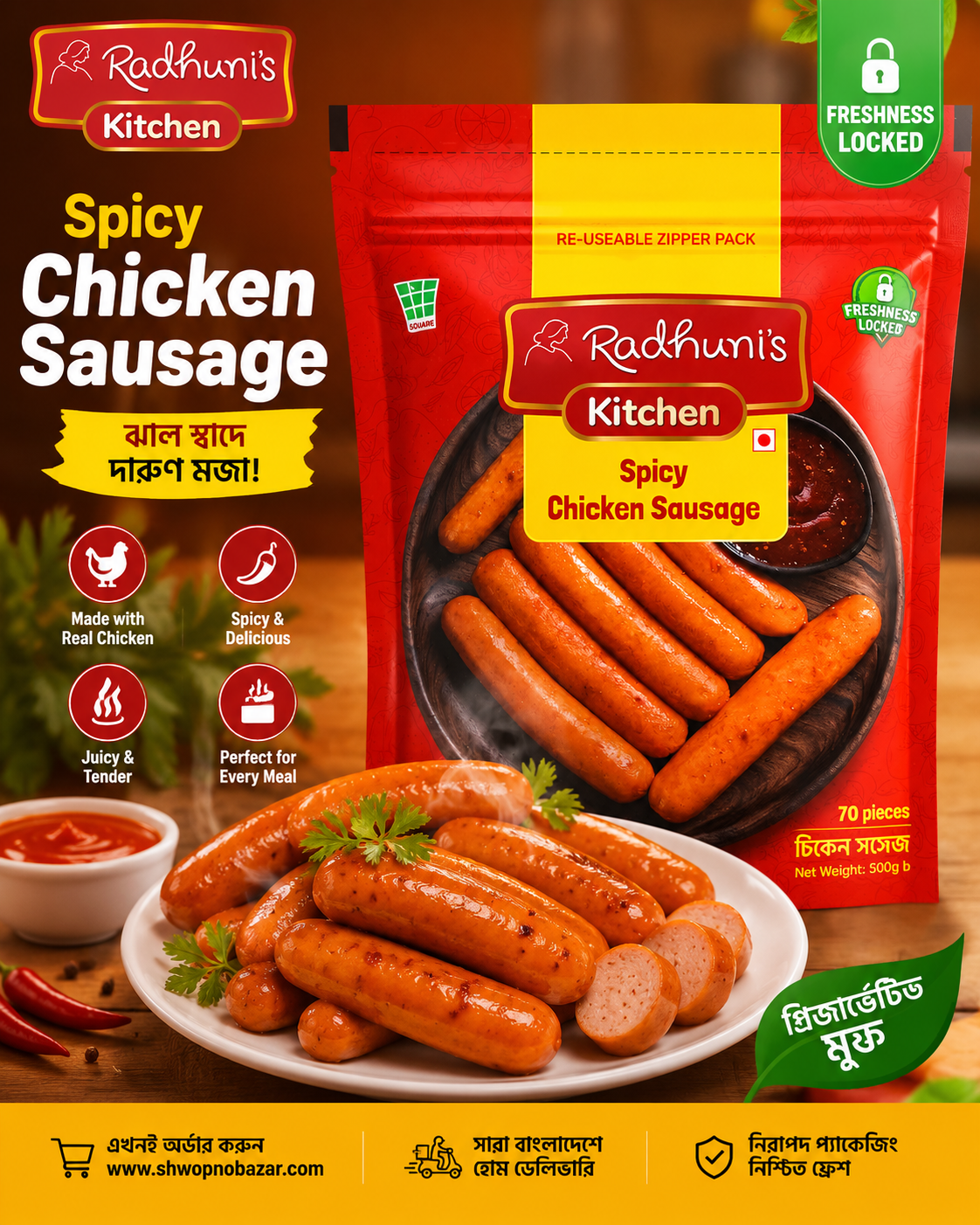 রাঁধুনী’স কিচেন স্পাইসি চিকেন সসেজ (Radhuni’s Kitchen Spicy Chicken Sausage)