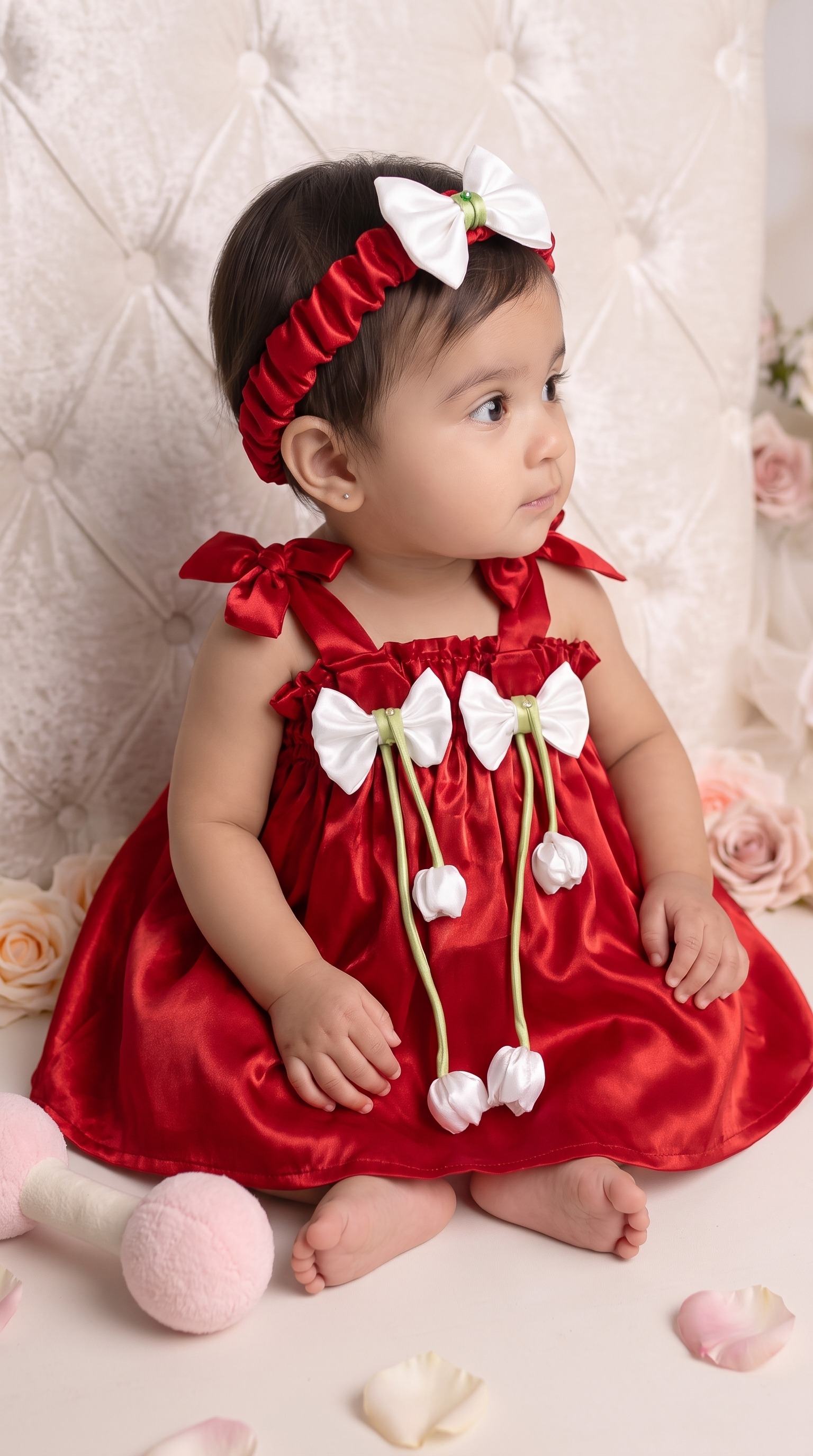 Red Tulip Flower Baby Girl Dress with Free Hair Band (0-12 Months)