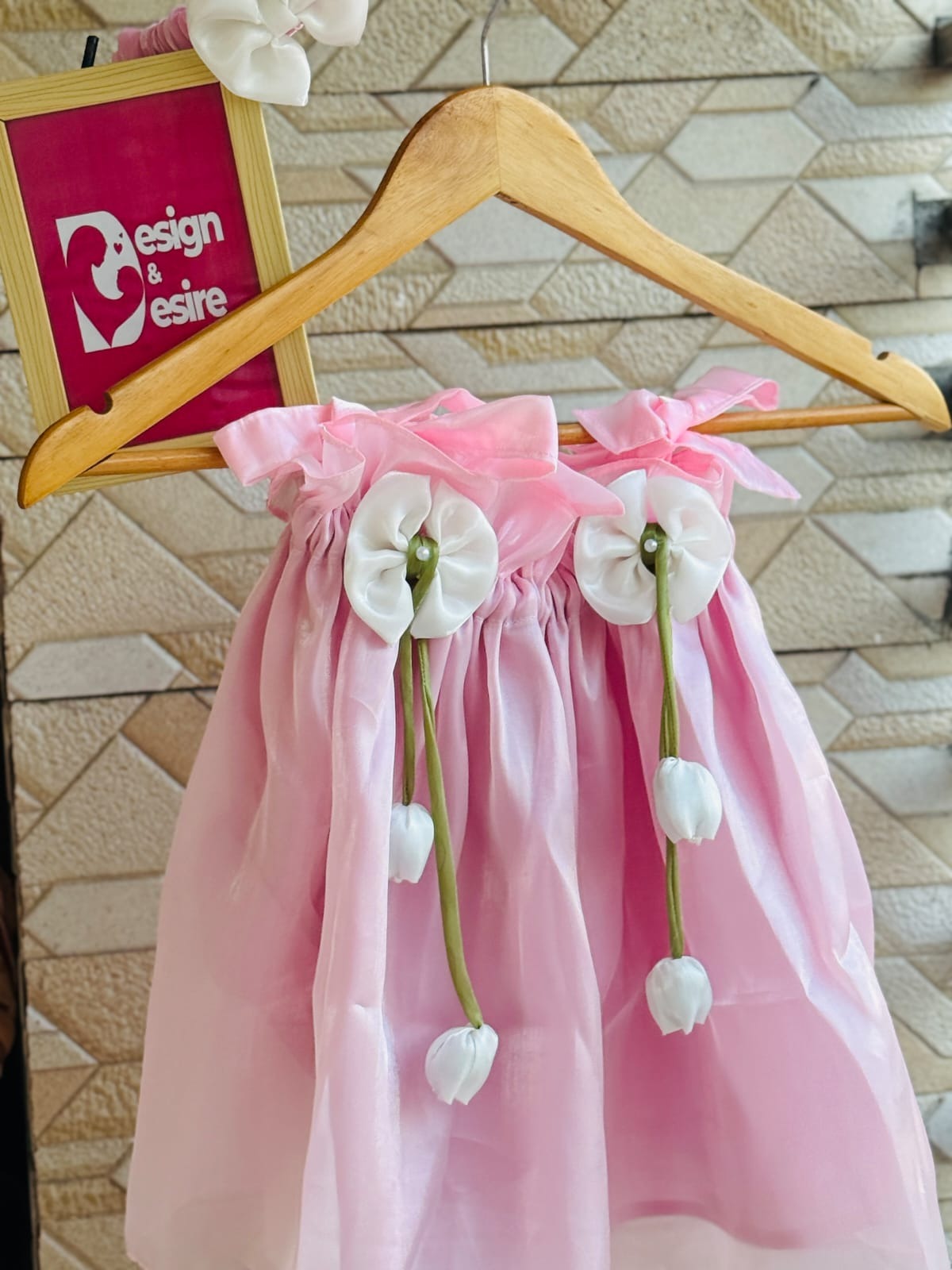 Pink Tulip Flower Baby Girl Dress with Free Hair Band – Premium Jimmy Choo Fabric (0-12 Months)