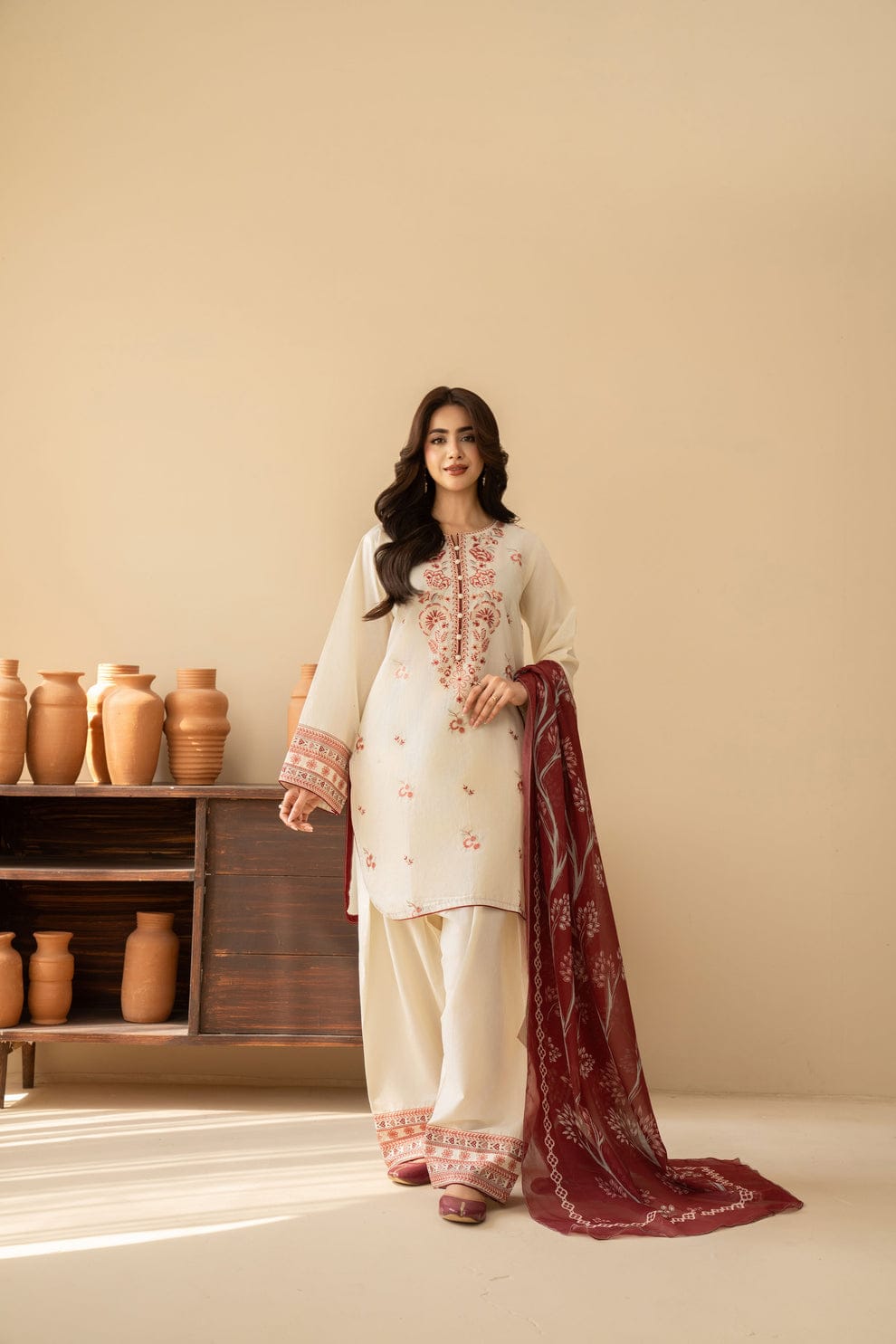 New Embroidery work Cotton Three Piece Set - Image 1