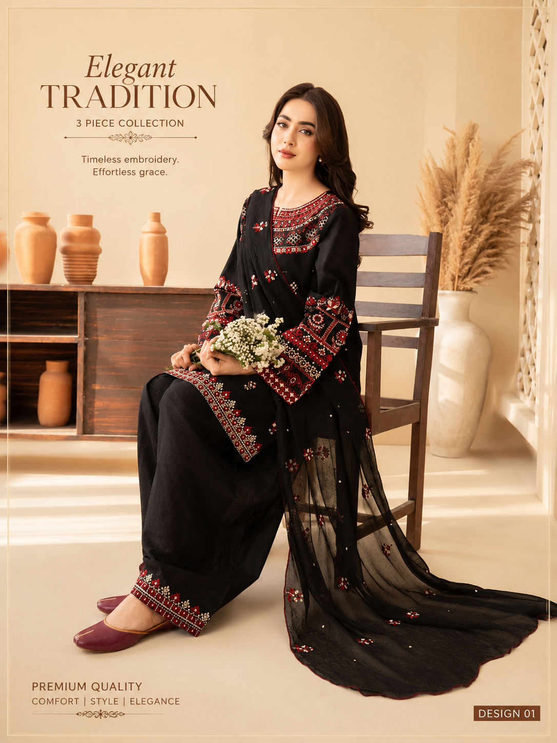 Premium Black Farshi Three Piece Set - Image 1