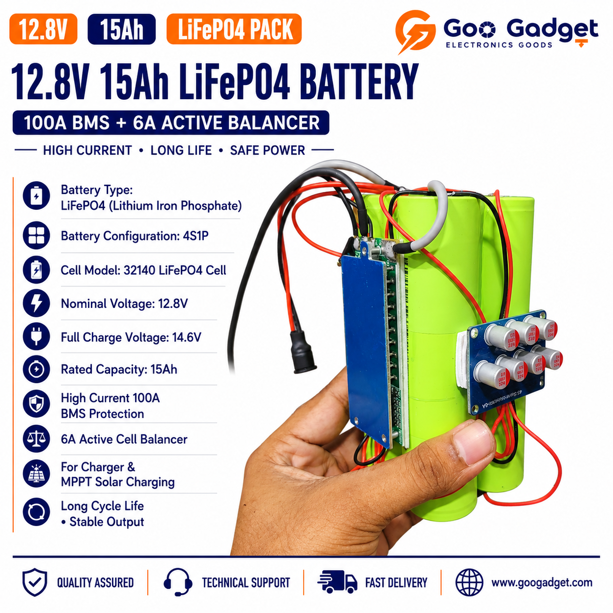 12V 15Ah LiFePO4 Battery Pack with 6A Active Balancer & 100A BMS
