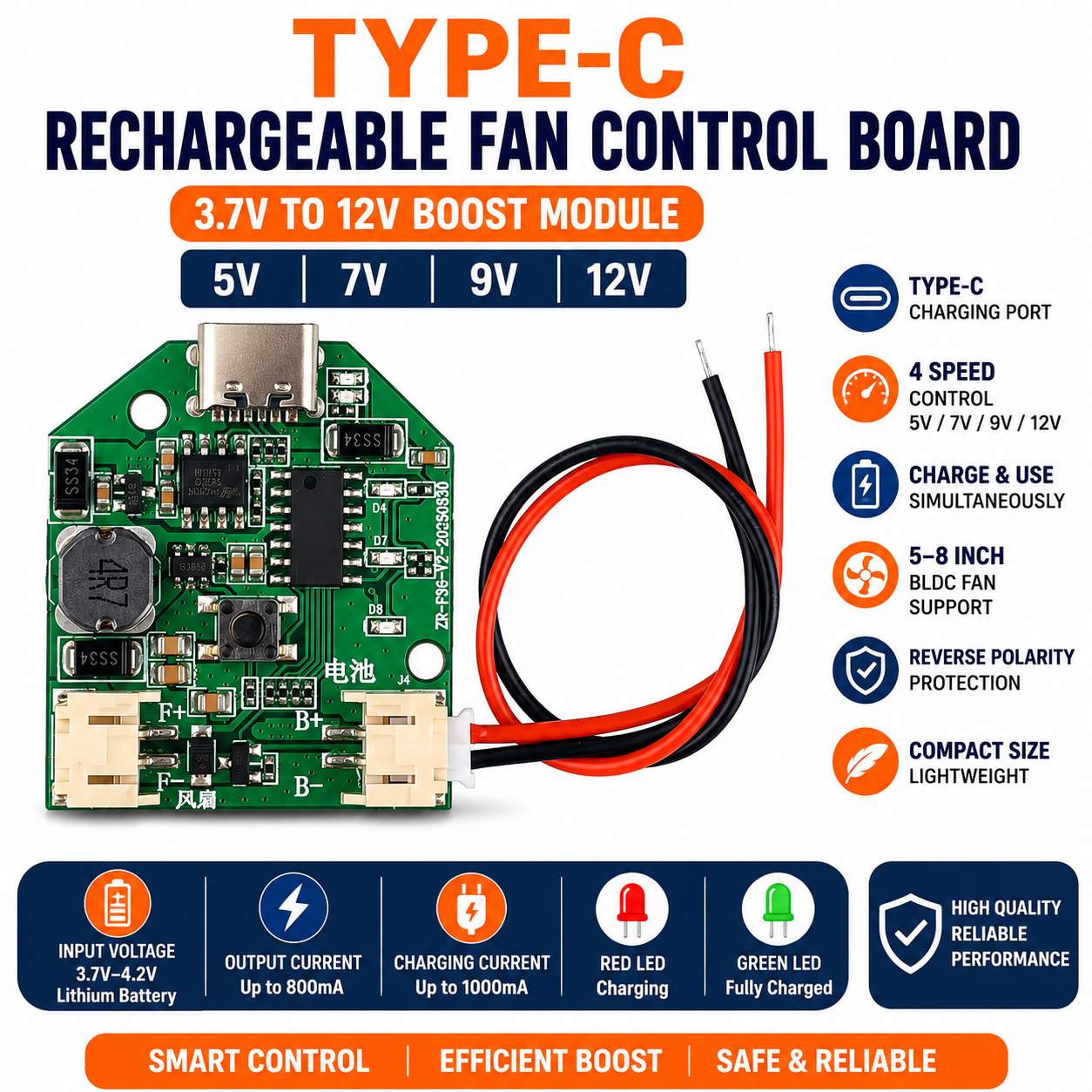 BLDC Fan Circuit 3.7V To 5,7,9,12V ype-C Rechargeable Fan Control Board  Boost Module_img_2