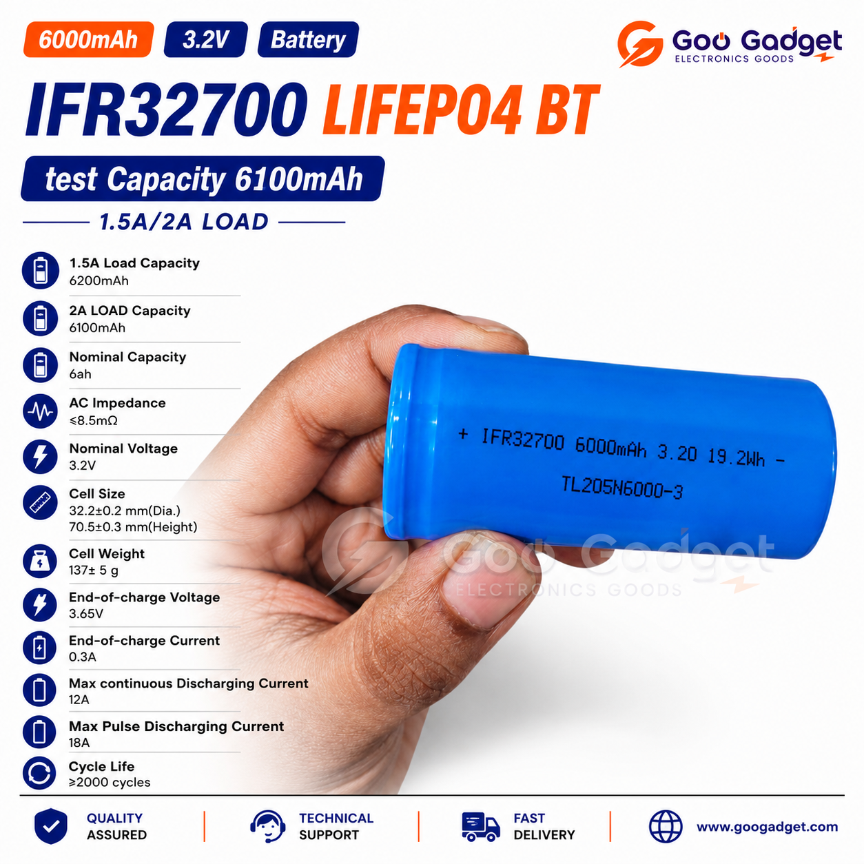 IFR32700 3.2V 6000mAh LiFePO4 Rechargeable Battery High Current 12A Cell
