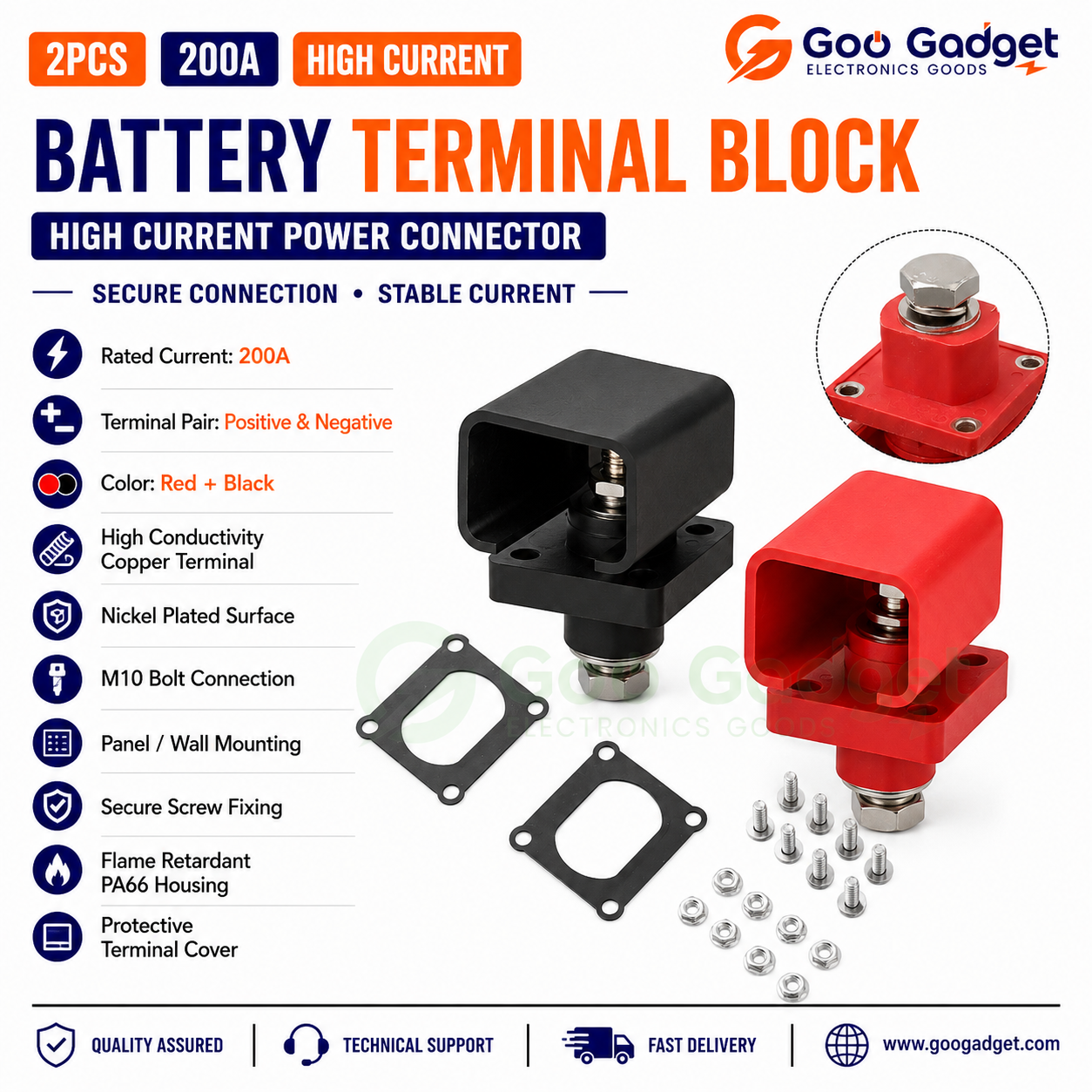 2PCS 200A High Current Energy Storage Battery Connector Terminal Block Red Black_img_1