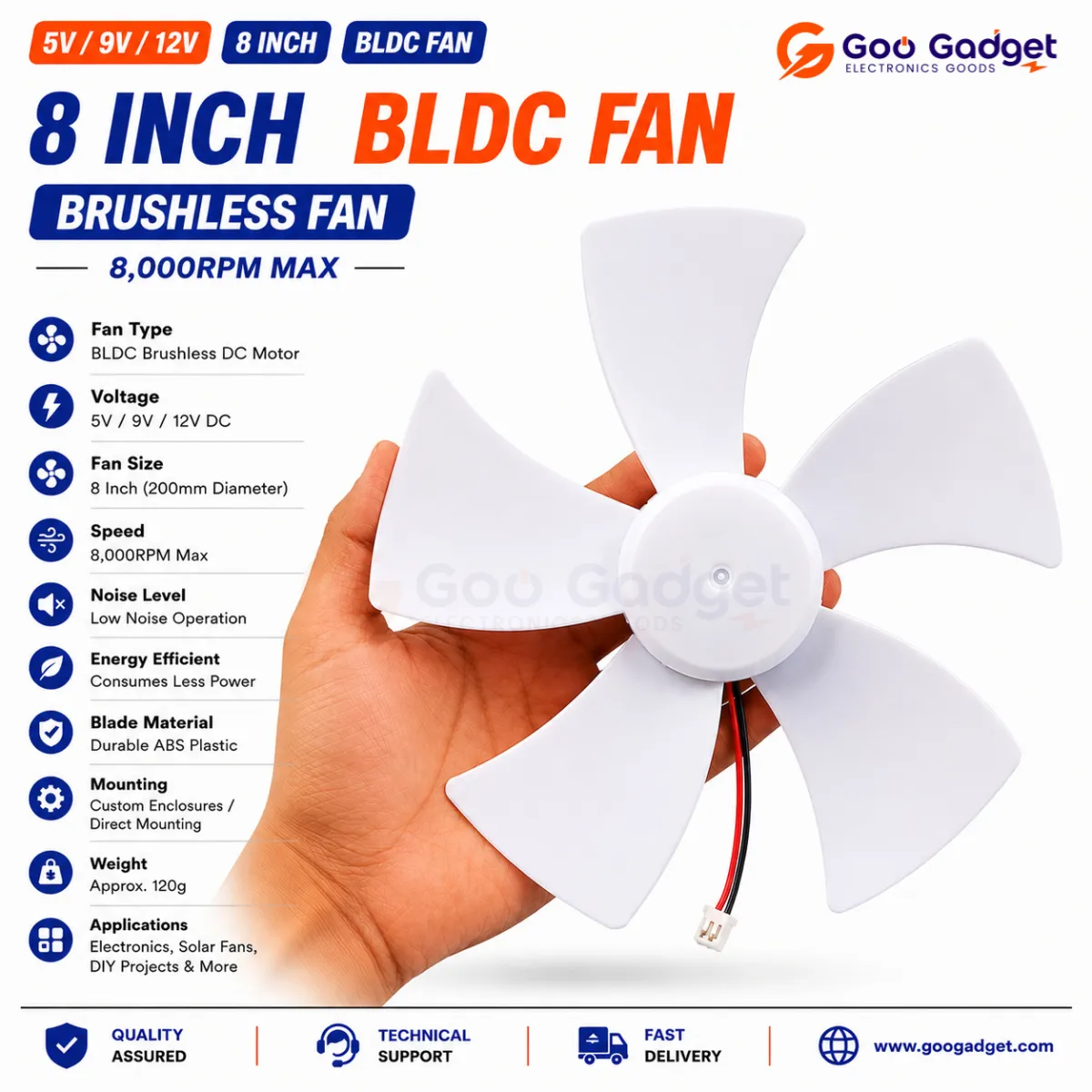 8-Inch BLDC Brushless Fan | 9V / 12V DC High-Efficiency Cooling Fan