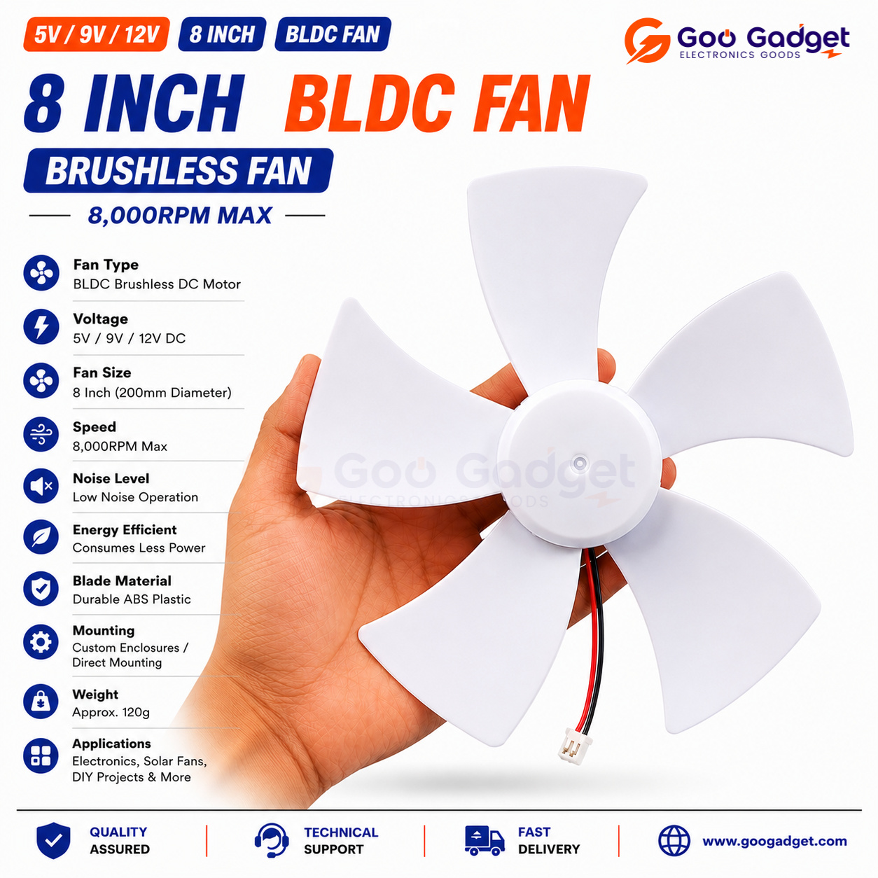 8-Inch BLDC Brushless Fan | 9V / 12V DC High-Efficiency Cooling Fan