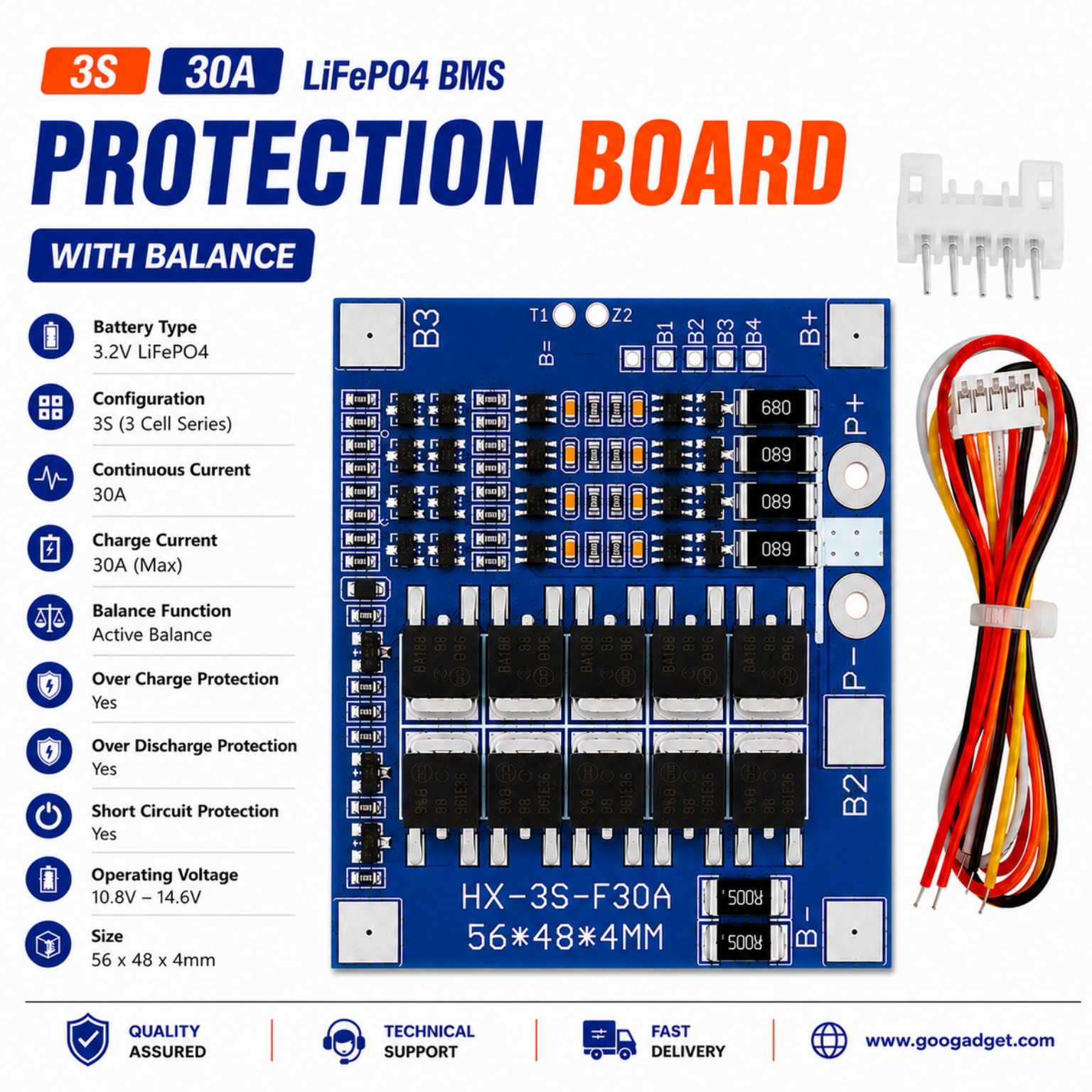 12V 30A LiFePO4 Battery BMS Protection Board with Balance