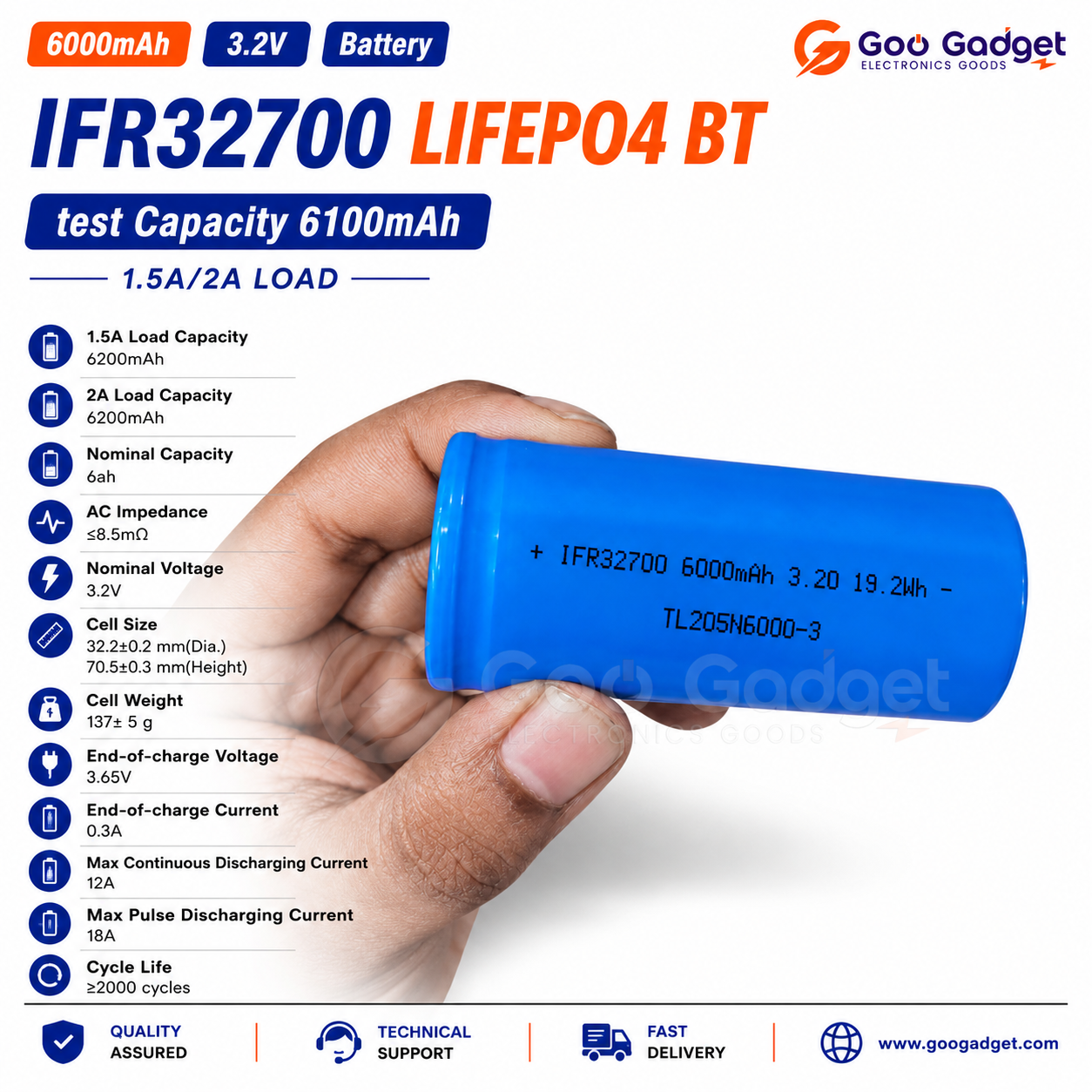 3.2V 6000mAh IFR32700 LiFePO4 Rechargeable Battery High  Current 12A Cell