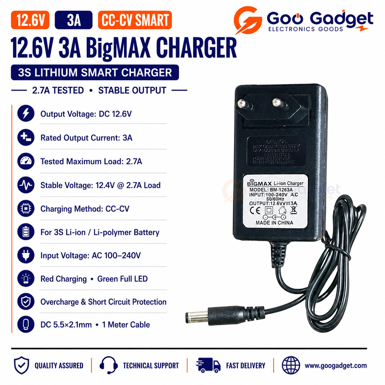BigMAX 12.6V 3A Li-ion Battery Charger | High-Speed CC-CV Smart Charger for 3S  Lithium Pack