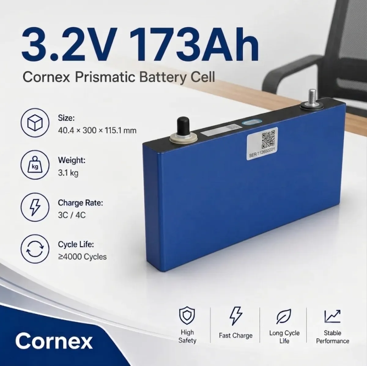 Cornex 3.2V 173Ah LiFePO4 Prismatic Battery Cell Grade A