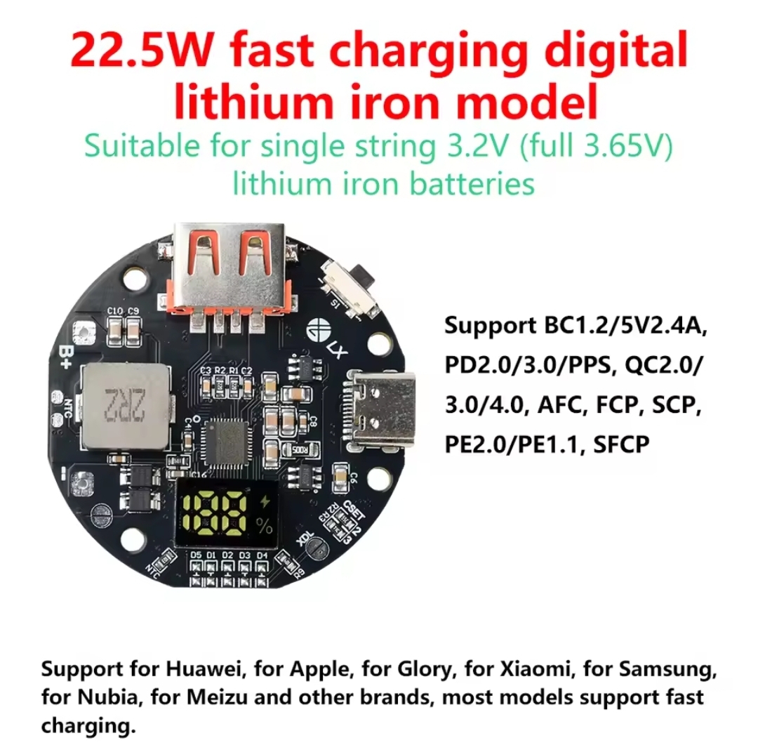 1S 3.2V LiFePO4 Battery 22.5W Fast Charging Power Bank Module with Digital Display