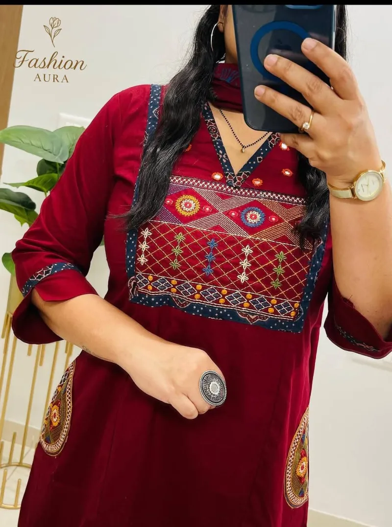 Premium Maroon Dhabu Cotton Three-Piece Set with Embroidery & Princess Cut
