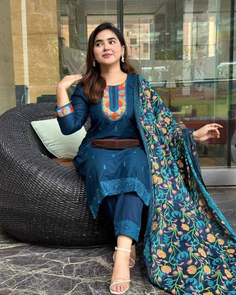 💙 গরমে আরাম আর স্টাইলে অনন্য—ডিপ টিল কটন থ্রি-পিস! 💙