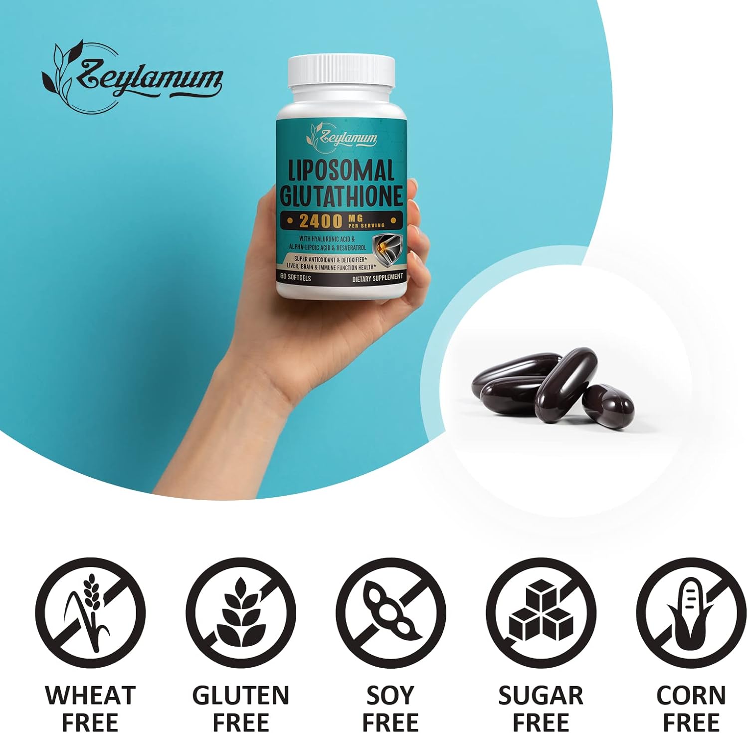 Zeylamum Liposomal Glutathione with Hyaluronic Acid 2400 mg - 60 Softgels - Made in USA_img_2
