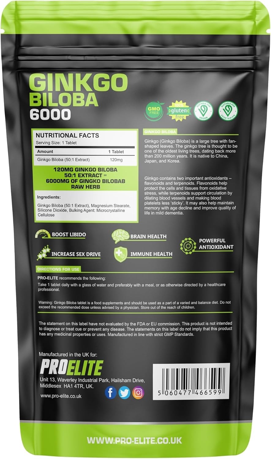 PROELITE Ginkgo Biloba 6000mg - 120 High Strength Vegan Tablets - Made in UK_img_1