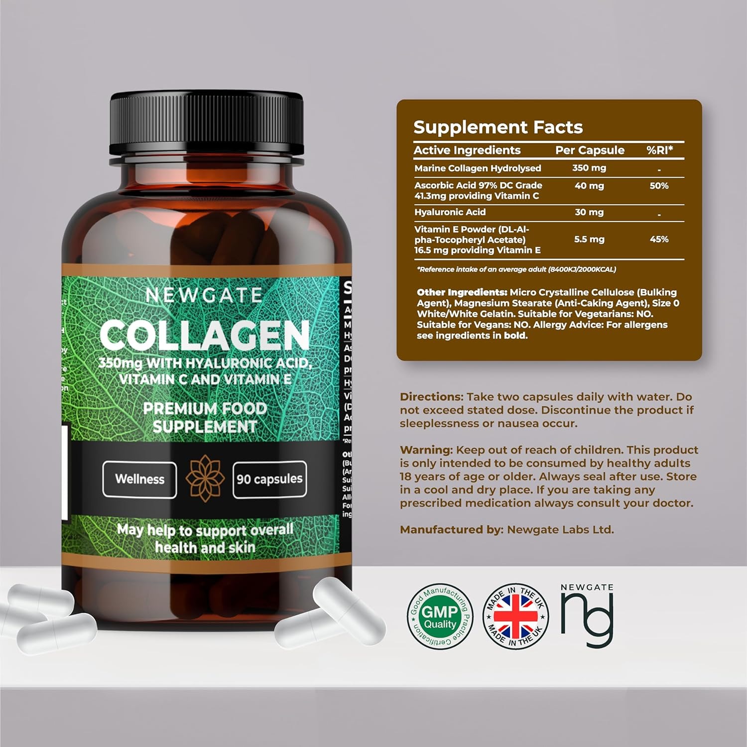 Newgate Marine Collagen 350mg with Hyaluronic Acid, Vitamin C & Vitamin E - 120 Capsules - Made in UK_img_1