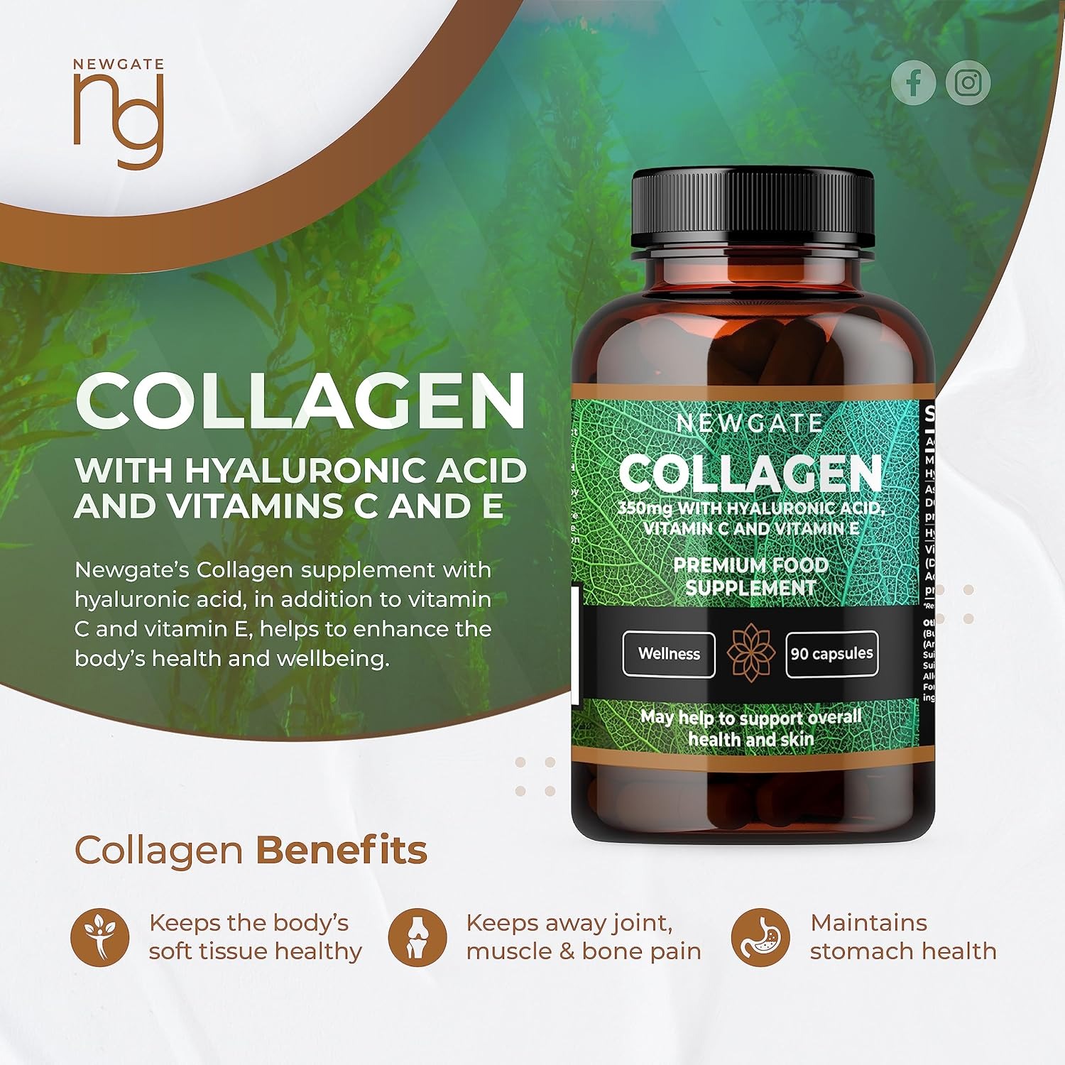 Newgate Marine Collagen 350mg with Hyaluronic Acid, Vitamin C & Vitamin E - 120 Capsules - Made in UK_img_3