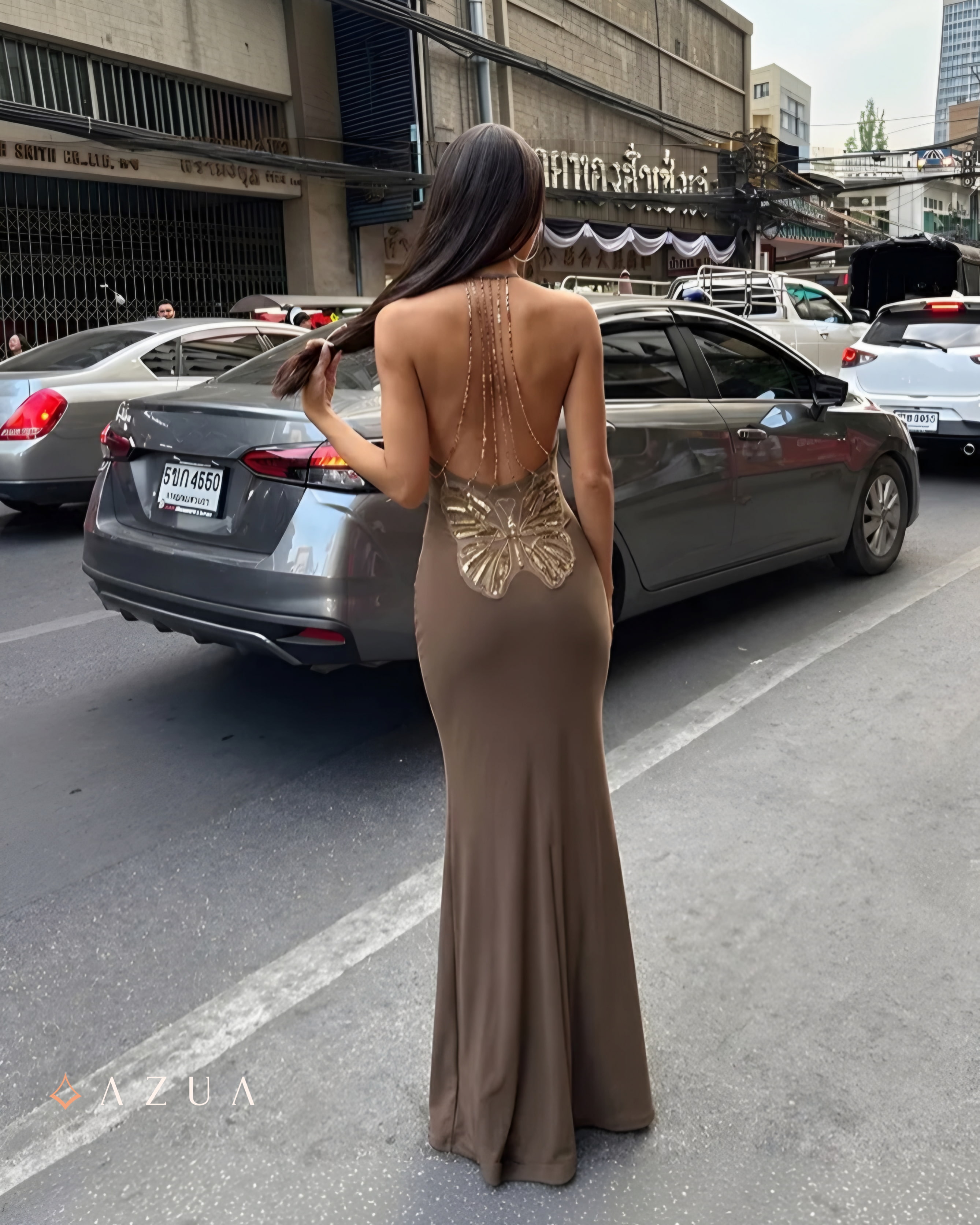 Charlotte Brown Deep V-neck Maxi Dress
